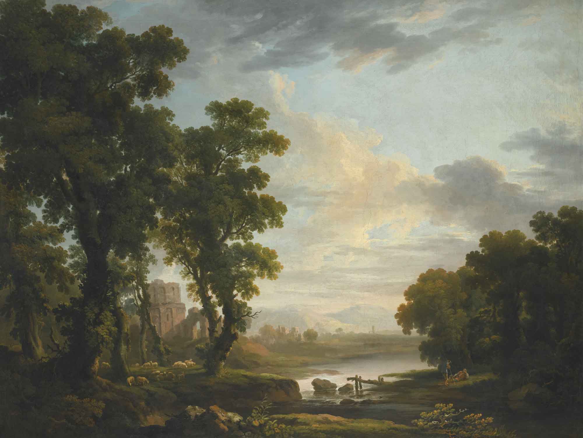 An extensive wooded river landscape with shepherds recicling in the foreground and ruins beyond